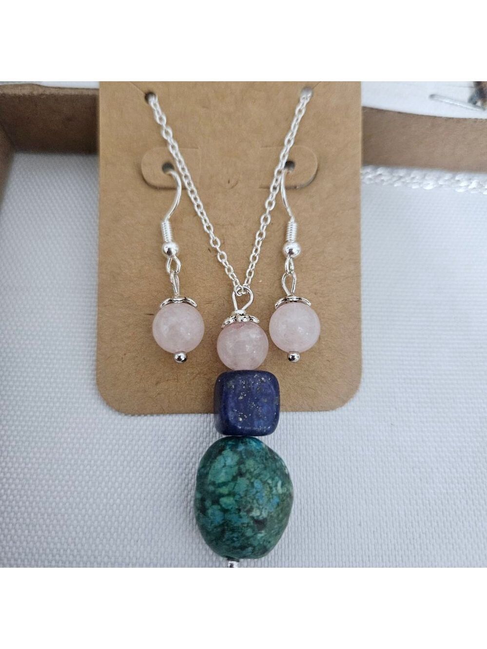 Natural Stone Turquoise, Lapis Lazuli, Rose Quartz Sterling Pendant Necklace Set